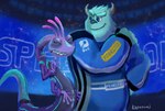 annoyed anthro biped blue_body blue_eyes blue_fur clothed clothing duo fur horn male multi_arm multi_limb purple_body purple_scales racing_suit scales smile smirk katasum1 disney disney_speedstorm gameloft monsters_inc pixar randall_boggs sulley monster 2023 hi_res signature