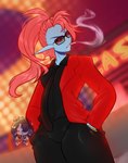 blue_body blue_scales blurred_background cigarette clothing eyewear facial_fur female hair half-closed_eyes narrowed_eyes ponytail red_hair scales sharp_teeth simple_background smoking smoking_tobacco solo suit sunglasses teeth yellow_sclera moucchiato undertale_(series) undyne animal_humanoid fish fish_humanoid humanoid marine marine_humanoid hi_res