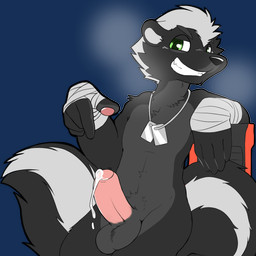 anthro balls black_body bodily_fluids cum cum_on_penis foreskin genital_fluids genitals gesture green_eyes hand_gesture humanoid_genitalia humanoid_penis looking_at_viewer male nude penis pointing pointing_at_penis smile solo white_body miau mammal mephitid skunk 1:1 alpha_channel hi_res