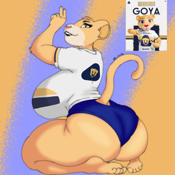 4_toes anthro big_breasts big_butt blue_bottomwear blue_clothing blue_shorts bottomwear breasts butt clothing feet female fur furgonomic_shorts furgonomics gesture hand_gesture huge_breasts huge_butt kneeling looking_at_viewer looking_back mascot pink_nose pose pupils shirt shorts smile solo tight_clothing toes topwear v_sign white_body white_clothing white_fur white_shirt white_topwear yellow_body yellow_eyes yellow_fur yellow_inner_ear its_noka club_universidad_nacional dhl liga_mx nike goya_(pumas_unam) cougar felid feline mammal 1:1 2026 hi_res