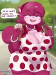 anthro big_breasts breasts clothing dessert dialogue dress eyes_closed female food gem ice_cream jewelry mature_female necklace pattern_clothing pattern_dress pearl_(gem) pearl_necklace solo spots spotted_clothing spotted_dress text thick_thighs mr-shin mammal rodent sciurid tree_squirrel hi_res