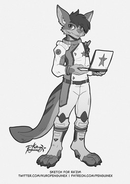 anthro claws clothed clothing computer crystal electronics headgear headphones headset laptop male nose_plates paws plantigrade science_fiction shoulder_crystals spade_tail tail text penguinexperience professor_(razim) professor_von_eucalyptus marcep 2025 absurd_res hi_res monochrome url