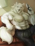 abs anthro athletic biceps big_muscles biped black_nose blue_eyes bottomwear cigarette claws clothed clothing fur knife male muscular muscular_anthro muscular_male pants pecs sitting smoke smoking solo topless white_body white_fur cinna-tree arctic_wolf canid canine canis mammal wolf hi_res