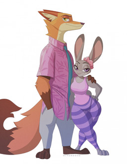 3_toes 4_fingers aloha_shirt anthro black_nose bottomwear clothed clothing countershade_neck countershading dipstick_tail duo ears_back ears_up feet female fingers fluffy fluffy_tail fully_clothed fur gloves_(marking) green_eyes grey_body grey_fur hand_in_pocket hand_on_shoulder inner_ear_fluff leggings legwear looking_at_viewer male male/female markings necktie pants pattern_bottomwear pattern_clothing pattern_pants pattern_shirt pattern_topwear pink_nose pivoted_ears plantigrade pockets purple_eyes red_body red_fur scrunchie shirt shortstack simple_background smile smiling_at_viewer smug_expression striped_bottomwear striped_clothing striped_pants stripes tail tail_markings tank_top thick_thighs tight_bottomwear tight_clothing tight_pants tights toes topwear tuft hiverdose disney zootopia judy_hopps nick_wilde canid canine european_rabbit fox lagomorph leporid mammal oryctolagus rabbit red_fox true_fox digital_media_(artwork) full-length_portrait hi_res portrait