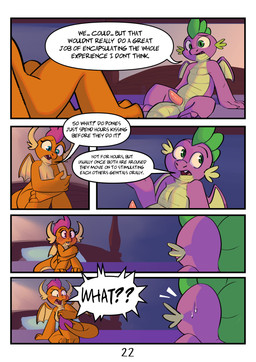 anthro blue_eyes blush dialogue duo female genitals male male/female nude orange_body penis simple_background tail tail_anus teeth text tongue wings young elicitie friendship_is_magic hasbro my_little_pony mythology smolder_(mlp) spike_(mlp) dragon mythological_creature mythological_scalie reptile scalie absurd_res comic digital_media_(artwork) english_text hi_res