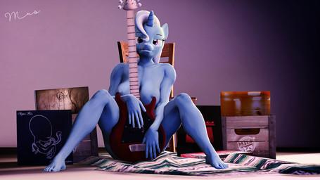 1_horn 5_fingers 5_toes anthro anthrofied blue_body blue_hair blue_skin box breasts carpet chair container crate electric_guitar feet female fingers furniture guitar hair horn humanoid_feet humanoid_hands looking_at_viewer multicolored_hair musical_instrument nipples nude plantigrade plucked_string_instrument sitting sitting_on_ground smile solo spread_legs spreading string_instrument toes two_tone_hair unicorn_horn vinyl_record white_hair morethreedee blur_(band) friendship_is_magic hasbro interpol_(band) my_little_pony mythology opeth_(band) sigur_ros trixie_(mlp) equid equine mammal mythological_creature mythological_equine unicorn 16:9 2016 3d_(artwork) digital_media_(artwork) hi_res source_filmmaker_(artwork) widescreen