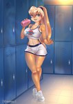 anthro basketball basketball_uniform bedroom_eyes belly big_breasts blonde_hair blue_eyes bodily_fluids bottle bottled_water breasts cleavage clothed clothing container female fluffy fluffy_tail fur hair locker locker_room long_ears narrowed_eyes navel open_mouth seductive shirt short_tail smile solo sport sportswear sweat sweatdrop tail tank_top teeth text text_on_clothing text_on_shirt text_on_tank_top text_on_topwear tongue topwear tune_squad_outfit tune_squad_outfit_(1996) uniform wet white_body white_fur kiwanoni looney_tunes space_jam warner_brothers lola_bunny lagomorph leporid mammal rabbit english_text hi_res