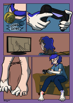 4_toes 5_fingers 5_toes barefoot bell bell_collar blue_hair blue_markings blue_nose bottomwear claws close-up clothed clothed_human clothing collar controller denim denim_bottomwear denim_clothing digitigrade electronics feet fingers fully_clothed fully_clothed_human fur fur_growth furniture gender_transformation growth hair human_to_anthro inside jeans markings mid_transformation motion_lines mtf_transformation on_sofa onomatopoeia pants paw_growth paws pointy_ears rear_view red_eyes red_markings shirt sitting sitting_on_sofa snout snout_growth sofa solo sound_effects species_transformation spread_legs spreading t-shirt television text three-quarter_view toes topwear transformation halcy0n r3n4_(rena777) human mammal 2016 artist_name colored comic english_text hi_res shaded signature