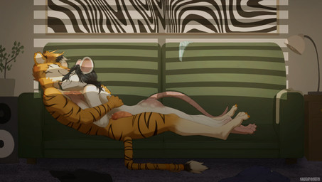 after_sex aftercare albino anthro big_butt bodily_fluids butt cuddling cum dripping duo eyes_closed femboy fur furniture genital_fluids genitals hair half-erect hug humanoid_genitalia light lying male male/male nude penis pink_body pink_fur precum precum_drip smile sofa sunlight tail white_body white_fur naughty_borzoi koda_kins_(koda-kins) vel_valentine_(strawberrycrux) felid mammal murid murine pantherine rat rodent tiger hi_res