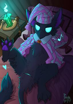 3_toes accessory aged_up ambiguous_anthro ambiguous_gender animal_genitalia anthro barefoot beak beak_closed bed big_ears biped black_beak black_body black_fur black_tail black_tail_tuft blue_cloaca blue_eyes bottomless bottomless_ambiguous bottomless_anthro candle candlestick chain_accessory chest_tuft claws cloaca clock clothed clothed_ambiguous clothed_anthro clothing crescent_moon detailed_background feet foot_focus fur furniture genitals hand_behind_head hat head_on_pillow headgear headwear heart_symbol hindpaw holding_leg holding_own_leg lying moon mouth_closed musical_note musical_symbol narrowed_eyes nightcap on_back on_bed one_leg_up open_clothing open_topwear pajamas pattern_clothing pattern_hat pattern_headgear pattern_headwear pattern_topwear pawpads paws pillow pink_clothing pink_hat pink_headgear pink_headwear pink_pajamas pink_topwear pocketwatch presenting presenting_cloaca pupils purple_body purple_fur purple_inner_ear purple_pawpads raised_leg semi-anthro sleepwear solo spread_legs spreading symbol tail tail_tuft toe_claws toes topwear tuft watch white_pupils pankallisti deadlock_(game) mythology valve rem_(deadlock) avian chimera dream_creature gryphon mythological_avian mythological_creature 2026 hi_res young_(lore)