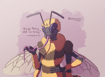 4_arms 4_fingers antennae_(anatomy) anthro bodily_fluids compound_eyes exoskeleton female female_anthro fingers fur fuzzy hand_on_hip holding_tongue insect_wings long_tongue looking_at_viewer mandibles multi_arm multi_eye multi_limb neck_tuft ocellis proboscis_(anatomy) saliva saliva_on_tongue simple_background solo spread_wings standing text tongue tongue_out tuft wings yellow_eyes warjenkins arthropod bee honey_bee hymenopteran insect 2025 colored digital_media_(artwork) english_text hi_res