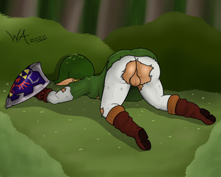 balls boots butt clothing footwear genitals leaf male not_furry outside shield shoes solo torn_clothing weridartist nintendo the_legend_of_zelda link humanoid hylian 5:4 absurd_res hi_res