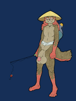 anthro balls big_balls big_penis brown_body brown_fur circumcised clothing drunk fishing_rod fur genitals hair hat headgear headwear hips_forward long_hair male nude penis pose red_body red_fur slim smug smug_face solo straw_hat substance_intoxication yellow_eyes ajicitoart canid canine mammal raccoon_dog tanuki alpha_channel hi_res