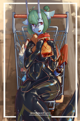 anthro big_breasts breasts butt clothed clothing collar female fin fur gloves hair handwear horn latex latex_clothing latex_skinsuit looking_at_viewer scarf shopping shopping_cart skinsuit smile solo split_form tight_clothing shanher mythology shanher_(character) aquatic dragon merfolk mythological_creature mythological_scalie scalie absurd_res hi_res