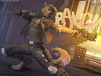 anthro belt black_body black_fur black_nose bottomwear city claws clothing container cybernetics cyberpunk digitigrade dual_wielding exclamation_point fur gun holding_object holding_weapon jacket leather leather_clothing leather_jacket leather_topwear machine male onomatopoeia pants pose ranged_weapon science_fiction serious shooting solo sound_effects stairs text toe_claws topwear weapon twinkle-sez cd_projekt_red cyberpunk_2077 furaffinity nier_automata platinumgames canid canine canis cyborg mammal wolf 2021 4:3 signature url