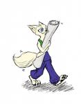 ambiguous_gender anthro black_nose blue_eyes bottomwear clothed clothing fully_clothed fur holding_object inner_ear_fluff pants pawpads shirt simple_background smile solo tank_top topwear tuft walking white_background white_body white_fur marema_kishin disney zootopia skye_(zootopia) arctic_fox canid canine fox mammal true_fox 2018 hi_res