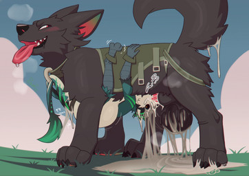 ambiguous_anthro ambiguous_gender animal_genitalia animal_penis anthro anthro_on_bottom anthro_on_feral anthro_penetrated balls bdsm belly_riding bestiality black_sclera blush blush_stickers bodily_fluids bondage bound canine_genitalia canine_penis constricted_pupils cum cum_drip cum_in_mouth cum_inflation cum_inside cum_on_balls cum_on_ear cum_on_face cum_on_ground cum_on_own_balls cum_on_own_tail cum_on_self cum_on_tail cum_through deep_throat dipstick_tail dripping drooling_tongue duo excessive_cum excessive_genital_fluids face_fucking fellatio feral feral_on_top feral_penetrating feral_penetrating_anthro genital_fluids genitals gradient_inner_ear inflation irrumatio larger_feral larger_male looking_back male male/ambiguous male_feral markings narrowed_eyebrows narrowed_eyes nude open_mouth oral oral_penetration outside_sex penetration penile penis penis_in_mouth pupils rough_sex sex side_view size_difference small_pupils smaller_anthro tail tail_bondage tail_markings tail_tied text tongue tongue_out upside_down wide_eyed gaafus mythology mrjakkal canid canine canis domestic_dog dragon hybrid jackal mammal mythological_creature mythological_scalie scalie english_text hi_res male_(lore)
