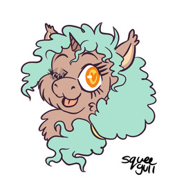 1_horn ambiguous_form ambiguous_gender brown_body brown_fur eye_piercing eyelashes fur hair heart_pupils heart_symbol horn one_eye_closed orange_eyes simple_background solo spiral_horn teal_hair text tied_hair tongue tongue_out white_background wink young young_ambiguous squeegull fluffy_pony fluffy_pony_(species) mammal 1:1 2025 artist_name digital_media_(artwork) flat_colors hi_res