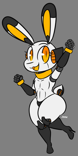 5_fingers anthro chibi fingers grey_background machine male scut_tail short_tail simple_background smile solo tail white_body yellow_eyes jiqqy 13un lagomorph leporid mammal rabbit robot 1:2 hi_res