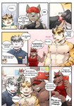 anthro clothed clothing dialogue ear_piercing facial_piercing gesture hand_gesture lip_piercing male nipple_piercing nipples piercing selfie text thumbs_up topless h155296 gym_pals boss_(gym_pals) myosotis_(gym_pals) pal_(gym_pals) canid canine canis felid mammal pantherine tiger wolf absurd_res comic english_text hi_res