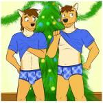 1:1 anthro beard black_nose blue_clothing blue_shirt blue_topwear blue_underwear border briefs brown_eyes brown_hair building bulge canid canine canis christmas christmas_tree clothing coyote duo facial_hair fangs father_(lore) father_and_child_(lore) father_and_son_(lore) fuze hair hi_res holidays inside male mammal mond_reyes mustache nipples parent_(lore) parent_and_child_(lore) parent_and_son_(lore) pattern_clothing pattern_underwear plaid plaid_clothing plaid_underwear plant rod_reyes shirt son_(lore) story story_in_description t-shirt teeth teeth_showing texnatsu topwear tree underwear white_border