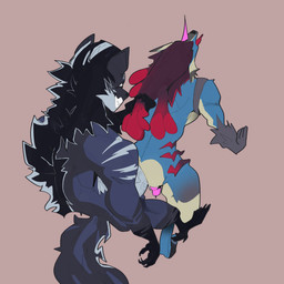 all_fours anthro bared_teeth black_feet black_hair black_hands blue_hair blue_penis bodily_fluids doggystyle dreadlocks duo feet from_behind_position genital_fluids genitals hair high-angle_view horn male male/male mane open_mouth penis pink_penis precum pulling_hair red_hair sex smile smiling_at_another stripes teeth tongue tongue_out touching_hair vein veiny_penis ratkingrussian nintendo pokemon ezekiel_(huf13) lance_(huf13) felid generation_6_pokemon mammal mega_evolution mega_lucario pantherine pokemon_(species) tiger 1:1 hi_res