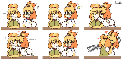 anthro big_breasts blush breasts clothed clothing duo eyebrows eyelashes female female/female front_view hair kissing open_mouth pupils selfcest simple_background smile square_crossover text topwear white_background jhenightfox animal_crossing nintendo derpybelle isabelle_(animal_crossing) canid canine canis domestic_dog mammal shih_tzu toy_dog absurd_res comic_sans hi_res