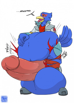 5_fingers abdominal_bulge after_vore anthro anthro_pred aroused balls balls_expansion beak belly belly_expansion belly_grab big_balls big_belly big_penis biped black_eyebrows blue_balls blue_body blue_feathers blush clothing dialogue different_sound_effects erection expansion extended_sound_effect eyebrows feathers fingers genital_expansion genitals glans green_eyes hand_on_belly holding_belly huge_balls huge_belly huge_penis humanoid_genitalia humanoid_penis hyper hyper_balls hyper_belly hyper_genitalia hyper_penis kerchief looking_pleasured male male_pred motion_lines multicolored_body multicolored_feathers narrowed_eyes non-mammal_balls offscreen_character onomatopoeia overweight partial_speech_bubble penis penis_expansion pink_glans pink_penis pink_tongue red_body red_feathers red_kerchief ripping_sound_effect snap soft_vore solo sound_effect_variant sound_effects standing tail tail_feathers text tongue tongue_out torn_clothing two_tone_body two_tone_feathers vore weight_gain erigawn nintendo star_fox falco_lombardi avian bird 2021 dated digital_media_(artwork) english_text hi_res shaded signature
