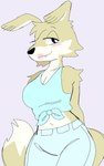 anthro breasts clothed clothing female fur lipstick looking_at_viewer makeup pink_lipstick simple_background smile solo tan_body tan_fur puppkittyfan1 blinky_bill_(series) daisy_dingo canid canine canis dingo mammal 5:8 digital_media_(artwork) hi_res