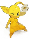 blush breasts female flower nipples non-mammal_breasts non-mammal_nipples not_furry nude plant simple_background solo spread_legs spreading yellow_body koki nintendo pikmin elemental_creature flora_fauna pikmin_(species) yellow_pikmin