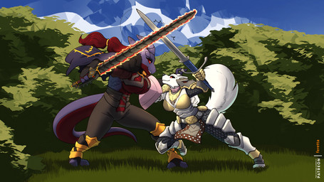 albino anthro armor big_breasts black_sclera breasts duo female fight fur hair larger_female melee_weapon purple_body purple_skin red_body red_eyes red_hair red_skin shield size_difference smaller_female sword weapon white_body white_fur white_hair zweihander feretta mythology iria_desann prydr canid canine canis dire_wolf dragon hybrid mammal mythological_creature mythological_scalie prehistoric_species scalie wolf 16:9 hi_res widescreen
