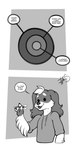 anthro cheek_tuft clothing dart dartboard dialogue dialogue_box dot_eyes facial_tuft fangs floppy_ears hoodie humor lop_ears male open_mouth open_smile smile solo teeth text topwear tuft freckles_(artist) pecas_(freckles) bird_dog canid canine canis domestic_dog hunting_dog mammal spaniel welsh_springer_spaniel 1:2 2021 english_text greyscale monochrome