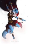 anthro armor blue_body blue_fur blue_hair breasts cape cleavage clothed clothing female fight fluffy fluffy_tail fur hair jumping leather leather_armor long_tail meira_(river~a~red) melee_weapon short_hair short_sword simple_background solo sword tail unconvincing_armor warrior weapon white_background conditional_dnp sadbitch hybrid mammal species_request hi_res