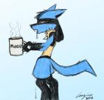 ambiguous_gender anthro beverage blue_background bodily_fluids coffee coffee_mug container cup drooling holding_container holding_cup holding_object monday saliva simple_background solo tail tired craziux nintendo pokemon canid canine generation_4_pokemon lucario mammal pokemon_(species)