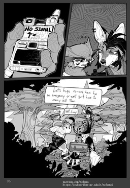 anthro bag beak camping cellphone clothed clothed_male clothing dialogue duo ear_piercing electronics eyebrow_piercing facial_piercing footwear forest fully_clothed fully_clothed_male heart_symbol heart_tattoo male nose_piercing nose_ring phone piercing plant ring_piercing shoes speech_bubble sport tattoo text toeless_footwear toeless_shoes tree nsfuwu4 brick_(nsfuwu4) reno_(nsfuwu4) avian bird hyena mammal owl 2025 absurd_res black_and_white comic english_text hi_res monochrome