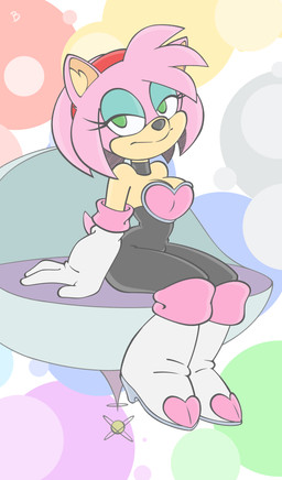 accessory alternate_costume anthro arm_support armwear bedroom_eyes biped black_clothing black_nose boots breasts chair cleavage clothed clothing collar cosplay elbow_gloves eyelashes eyeshadow female footwear furniture gloves green_eyes hair hair_accessory hairband half-closed_eyes handwear high_boots long_eyelashes looking_at_viewer makeup narrowed_eyes pattern_background pink_clothing pink_hair pink_tail red_hairband seductive shoes short_tail simple_background sitting solo tail white_boots white_clothing white_footwear white_gloves white_handwear white_knee_boots roger_bacon sega sonic_the_hedgehog_(series) amouge amy_rose rouge_the_bat eulipotyphlan hedgehog mammal absurd_res hi_res