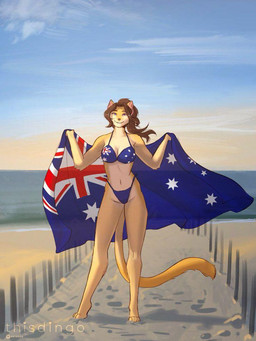 anthro australian_flag beach bikini clothing female hair ponytail sand sky solo swimwear tail two-piece_swimsuit thisdingo brioche_(thisdingo) brushtail_marten compression_artifacts