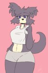 anthro bottomwear boy_shorts brown_body brown_fur clothed clothing crop_top female fur looking_at_viewer midriff navel purple_eyes shirt shorts simple_background solo topwear underwear traknoch beastars juno_(beastars) canid canine canis mammal wolf 2:3 digital_media_(artwork) hi_res