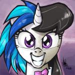 alternate_species black_hair blue_hair bow_(feature) bow_tie female fusion hair horn purple_eyes smile solo split_personality theartrix friendship_is_magic hasbro my_little_pony mythology octavia_(mlp) vinyl_scratch_(mlp) equid equine mammal mythological_creature mythological_equine unicorn 1:1 2014 headshot_portrait portrait reaction_image