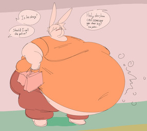 anthro belly belly_overhang big_belly big_moobs clothed clothing fat_arms hair holding_bag huge_belly long_ears male moobs morbidly_obese morbidly_obese_anthro morbidly_obese_male navel_outline obese obese_anthro obese_male overweight overweight_anthro overweight_male profanity rumbling_stomach solo speech_bubble standing text white_hair calebcorduroy desmond_(calebcorduroy) lagomorph leporid mammal rabbit english_text hi_res