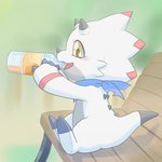 anthro beverage black_claws bottle claws container drinking horn kerchief male sitting solo white_body yellow_eyes sansyonoki64 bandai_namco digimon digimon_ghost_game digimon_(species) gammamon 1:1