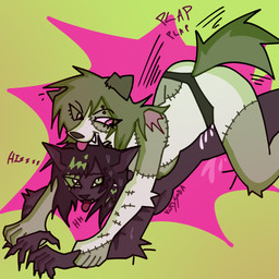 anthro bodily_fluids claws duo female female/female from_behind_position hissing holding_down on_top questionable_consent scar sex strapon sweat tongue tongue_out kitty_soda lola_(kitty_soda) maggie_(kitty_soda) canid canine canis domestic_cat domestic_dog felid feline felis mammal undead zombie 1:1 hi_res