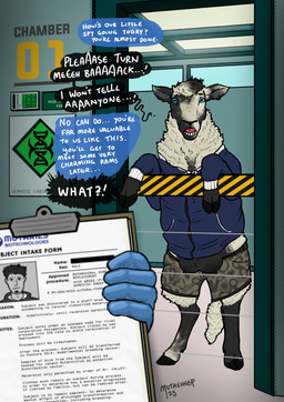blue_eyes bottomwear captured chamber clipboard clothing crossgender dialogue dna duo ear_piercing ear_ring espionage facial_hair female feral feral_transformation gender_transformation gloves goatee handwear hooves human_to_feral jacket male mtf_crossgender nervous piercing ring_piercing shorts species_transformation surprised tail teats text topwear transformation udders yafath bovid caprine human mammal sheep english_text hi_res