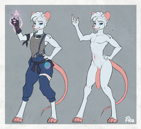 4_toes 5_fingers anthro big_penis blue_eyes claws clothing engineer_(profession) feet femboy fingers flaccid fur fur_markings genitals magic male markings mohawk nude overalls paws penis potion simple_background slim smile solo spell star tail thick_thighs toes white_body white_fur fluffyminx mammal murid murine rat rodent digital_media_(artwork) hi_res model_sheet