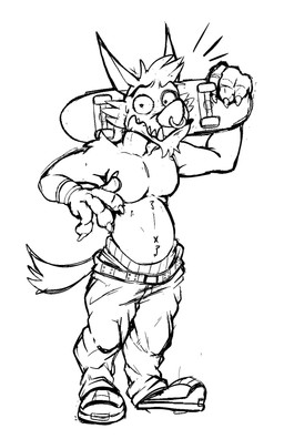 anthro big_nose bodily_fluids bottomwear boxers_(clothing) clothed clothing facial_piercing fangs footwear holding_skateboard looking_at_viewer male navel nose_piercing onomatopoeia pants piercing ring_piercing sagging_pants sharp_teeth shoes simple_background skateboard smile solo sound_effects standing surprised sweat tail teeth text topless underbite underwear vehicle white_background wide_eyed wristband voxelcubed atlus go!_go!_hypergrind sega decker canid canine canis mammal wolf 2024 hi_res monochrome
