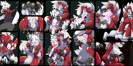 anthro anthro_on_anthro black_background bottomwear bulge clothing duo fur glowing glowing_eyes goo_transformation kissing male male/male pants pink_eyes red_body sharp_teeth shirt simple_background smile species_transformation spiral spiral_eyes suit_transformation surprised tail teeth topwear transformation white_body white_fur mxl canid mammal 2018 absurd_res comic digital_media_(artwork) hi_res