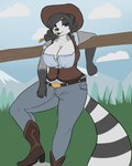 anthro big_breasts boots bottomwear breasts cleavage clothed clothing cowgirl_outfit female footwear hair hat headgear headwear high_heeled_boots high_heels looking_at_viewer open_mouth shoes simple_background smile solo thick_thighs blackbetty franciene_(tango's_family) mammal procyonid raccoon 4:5 hi_res