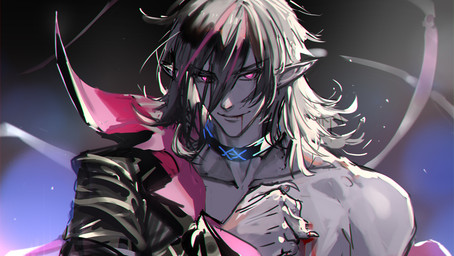 black_hair blood bodily_fluids choker hair humanoid_pointy_ears jewelry male necklace not_furry pink_eyes pointy_ears simple_background smile solo ryuuzaki_ichi arknights hypergryph studio_montagne midnight_(arknights) humanoid vampire 2021