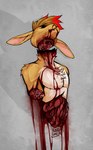 amputated_limb amputation amputee anthro biped blood blood_from_mouth blood_in_mouth blood_on_face blood_splatter bodily_fluids corpse death decapitation disability fur gore guts highlights_(coloring) lying male nosebleed on_back organs severed_body_part severed_head snuff stomach wounded yellow_body yellow_fur kolkolukija lagomorph leporid mammal rabbit half-length_portrait hi_res portrait
