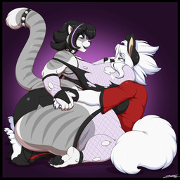 accessory anthro big_breasts big_butt black_hair bottomwear breasts butt clothing duo female fishnet_clothing fishnet_legwear fur furgonomics grey_body grey_fur hair highlights_(coloring) huge_breasts huge_butt legwear male pants pink_highlights purple_eyes shirt shorts striped_body striped_fur stripes tail tail_accessory thick_thighs topwear white_body white_fur white_hair yellow_eyes deonwolf deon_(deonwolf) tizz_(torcholski) canid canine canis domestic_cat felid feline felis mammal wolf 1:1 2025 digital_media_(artwork) hi_res